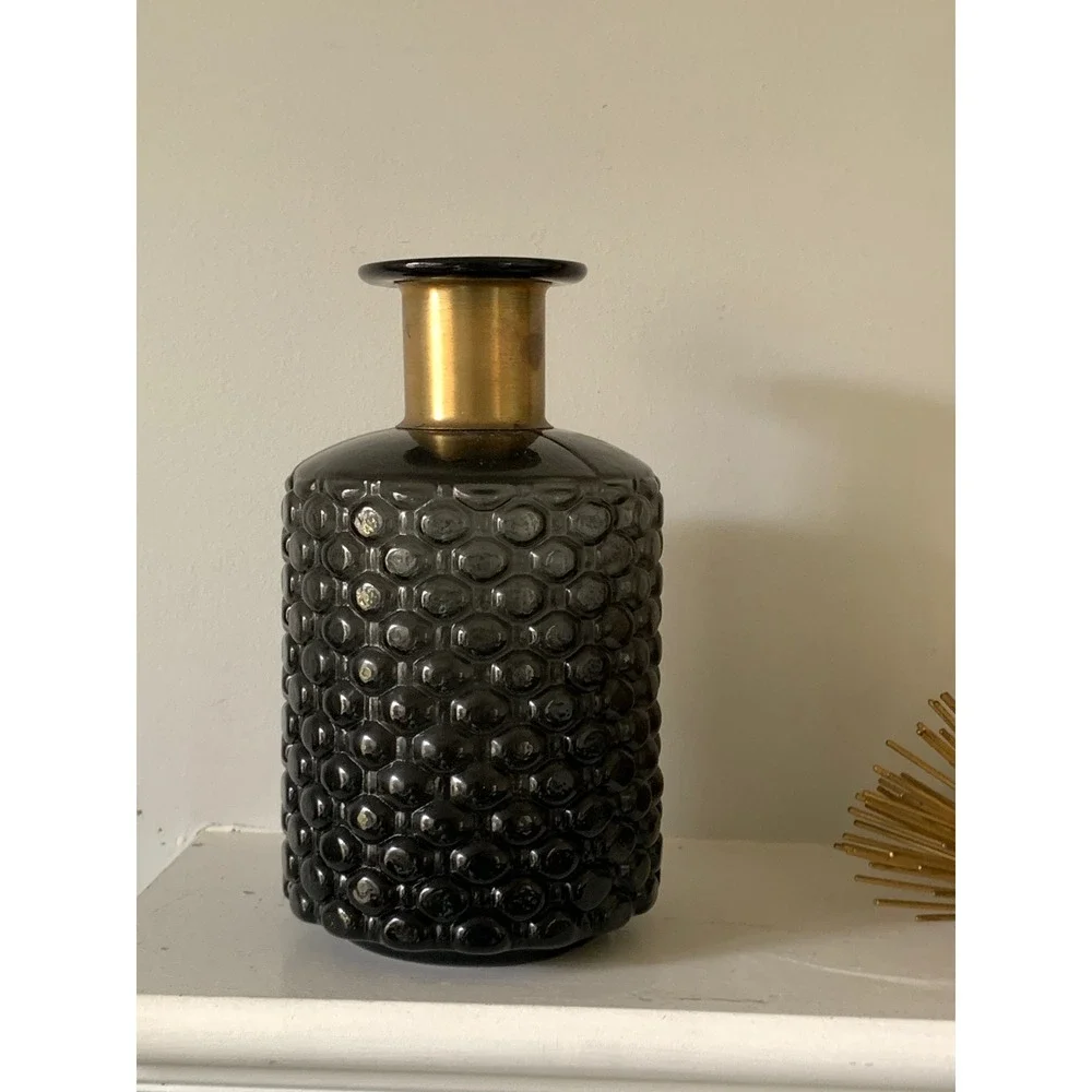 Smoky Gray Textured Glass Vase with‎ Gold Neck Mid Century Modern Decor 9.5
